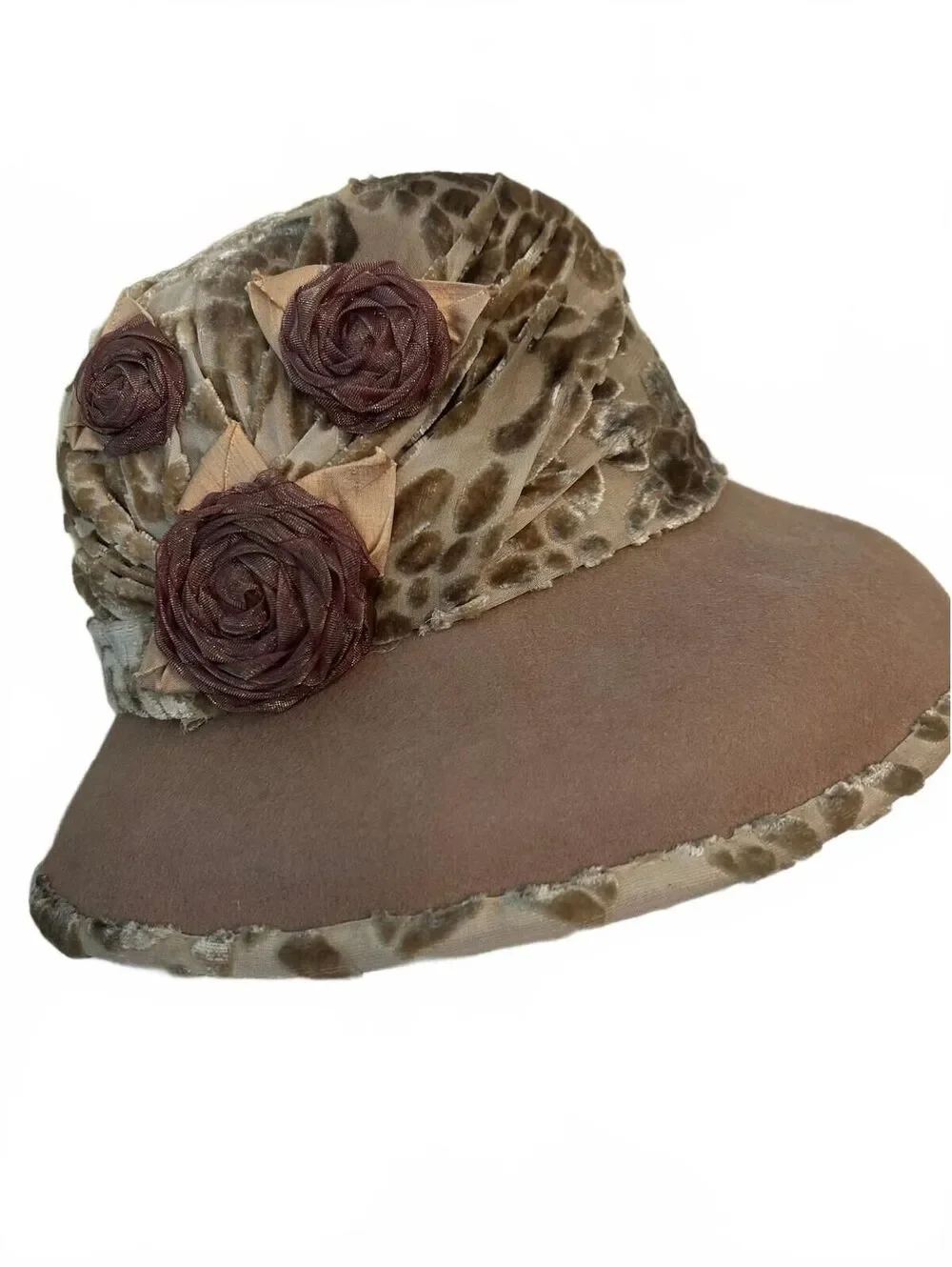 Vintage Julianne Walters LTD Floral Wide Brim Hat Beige Burnout Velvet Derby